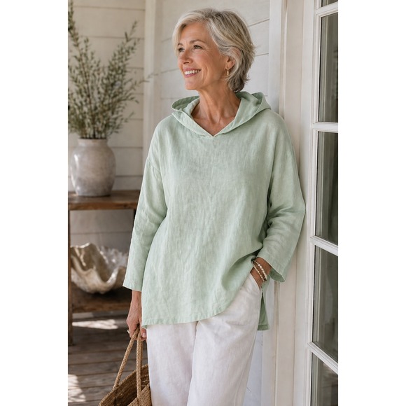 Chadwick's Tops - Real Comfort by Chadwick's Green 100% Linen Pullover Hoodie Top Womens Large